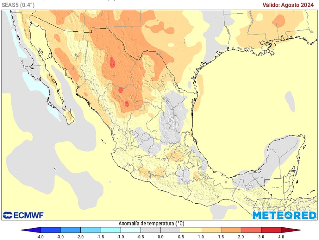 Anomalía de temperaturas en grados Celsius para agosto
