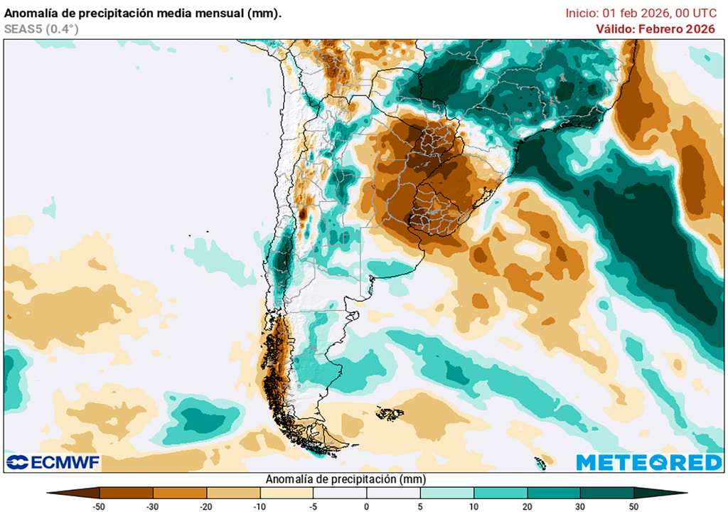 Anomalía de precipitaciones prevista para el mes de febrero según el modelo ECMWF