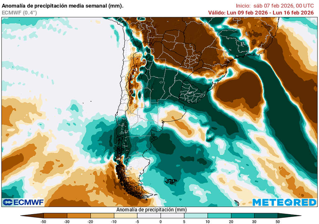 Anomalía de precipitaciones prevista para la semana del 9 al 15 de febrero según el modelo ECMWF