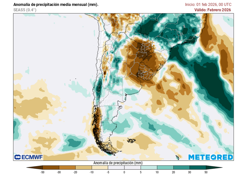 El mapa de anomalía de precipitación nos indica que el centro y sur serán mucho más lluviosos de lo que deberían ser durante el mes de febrero de 2026. El norte también tendría un excedente de lluvias en la zona altiplánica.