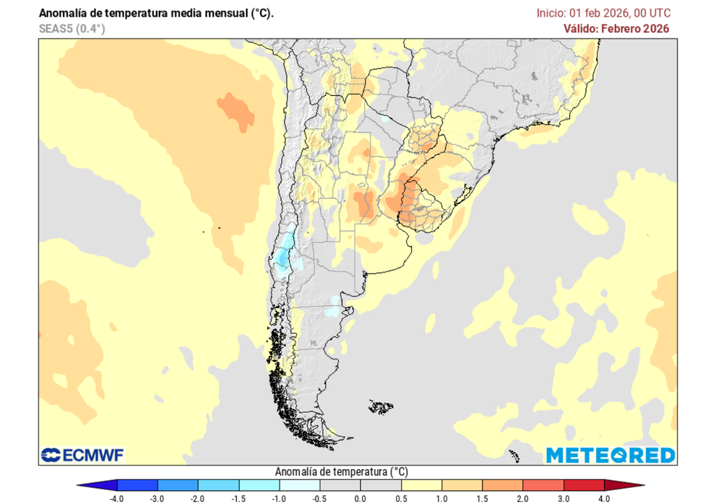 Un notorio núcleo más fresco se presentará sobre el centro sur de Chile durante febrero, según el modelo de clima del ECMWF.