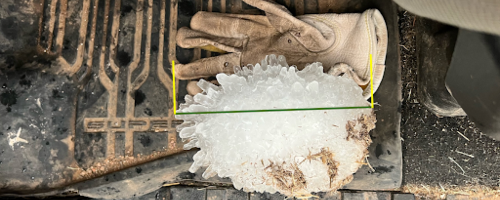 A la vera de una carretera en el Panhandle de Texas, se descubrió un granizo de tamaño récord, con un diámetro de nada menos que 7,1 pulgadas. El granizo del Parque Vigo yace junto a un guante de trabajo. Cortesía de Val Castor, el cazador de tormentas que descubrió el granizo.