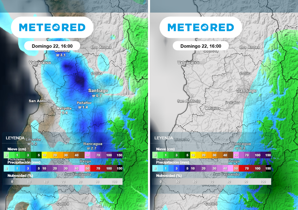 Este domingo regresan las lluvias a la RM: modelos ECMWF (imagen izquierda) y GFS (imagen derecha) muestran las precipitaciones de distinta forma.