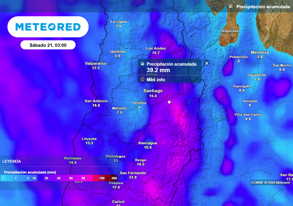 Más de 20 mm de lluvia prevé el modelo europeo durante el paso de un sistema frontal en la Región Metropolitana.