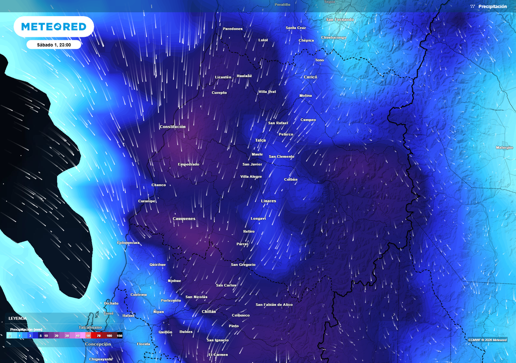 Las precipitaciones más intensas se concentrarán durante la tarde y noche del sábado y la mañana del domingo sobre la Región de Ñuble, con lluvias persistentes que afectarán desde el litoral hasta la precordillera, mientras que en la cordillera las bajas temperaturas favorecerán nevadas.