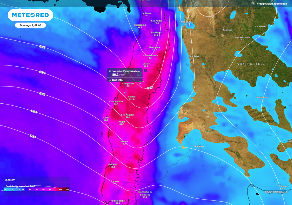 El modelo ECMWF proyecta acumulados importantes de precipitación en la Región del Biobío, con valores que podrían superar los 80 mm en sectores del litoral, valle y precordillera, mientras que en la cordillera se esperan nevadas en las zonas más altas.