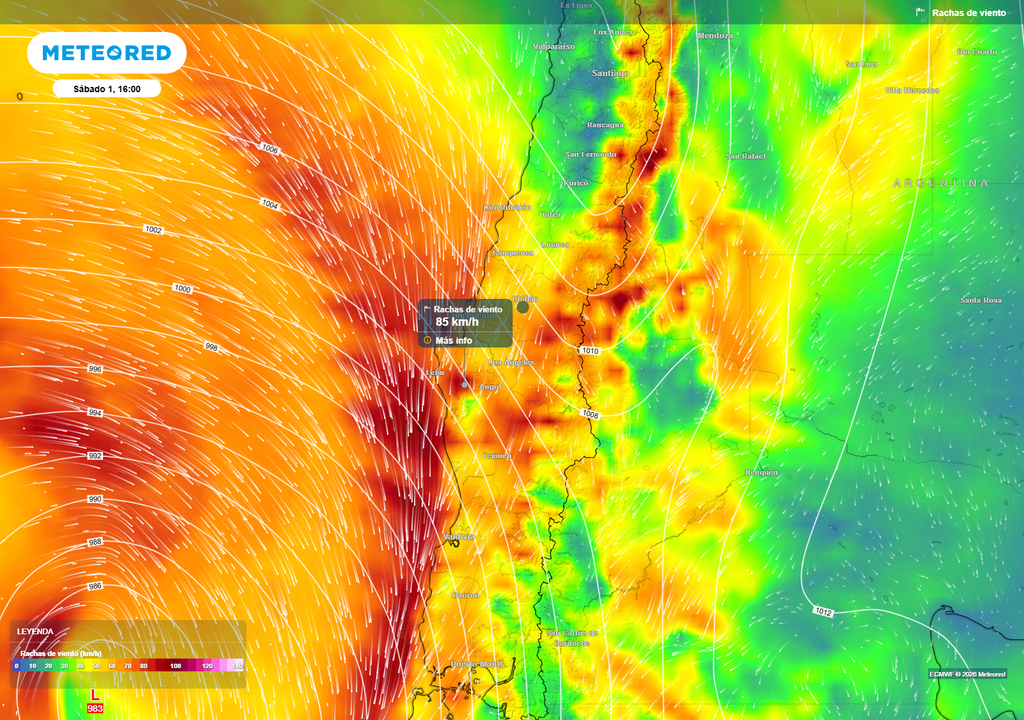 Entre la tarde del sábado y la madrugada del domingo se prevén rachas que podrían superar los 80 km/h en sectores del litoral, la cordillera de la Costa y algunos valles entre Ñuble y Biobío.