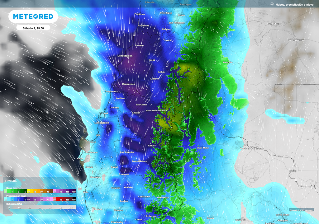 Durante la noche del sábado, las precipitaciones se concentrarán sobre Ñuble y el Biobío, alcanzando desde el litoral hasta la precordillera. En la cordillera, el aire más frío favorecerá nevadas abundantes, con acumulaciones estimadas entre 40 y 60 cm.