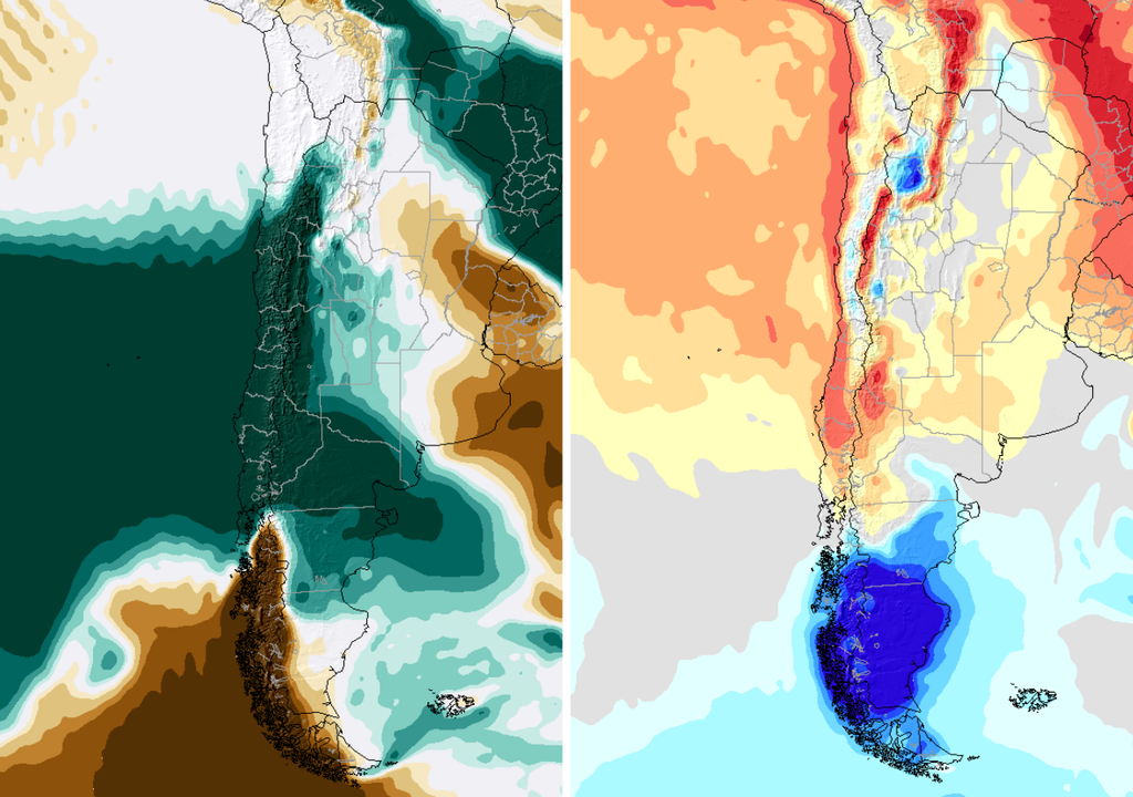 El ECMWF proyecta una semana más lluviosa de lo normal en parte del norte, centro y sur, junto con temperaturas bajo el promedio en la Patagonia.