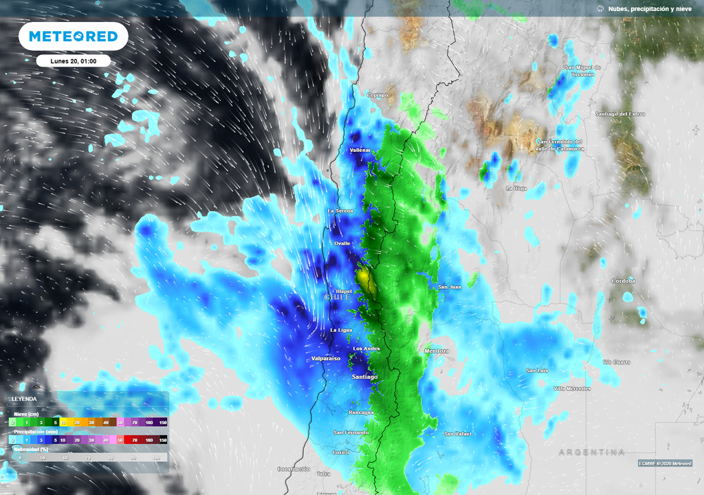 mapa de lluvia y nieve. Una extensa banda de precipitaciones cubrirá durante la madrugada del lunes sectores de Atacama, Coquimbo y la zona central, con lluvias localmente intensas y nieve en áreas cordilleranas.