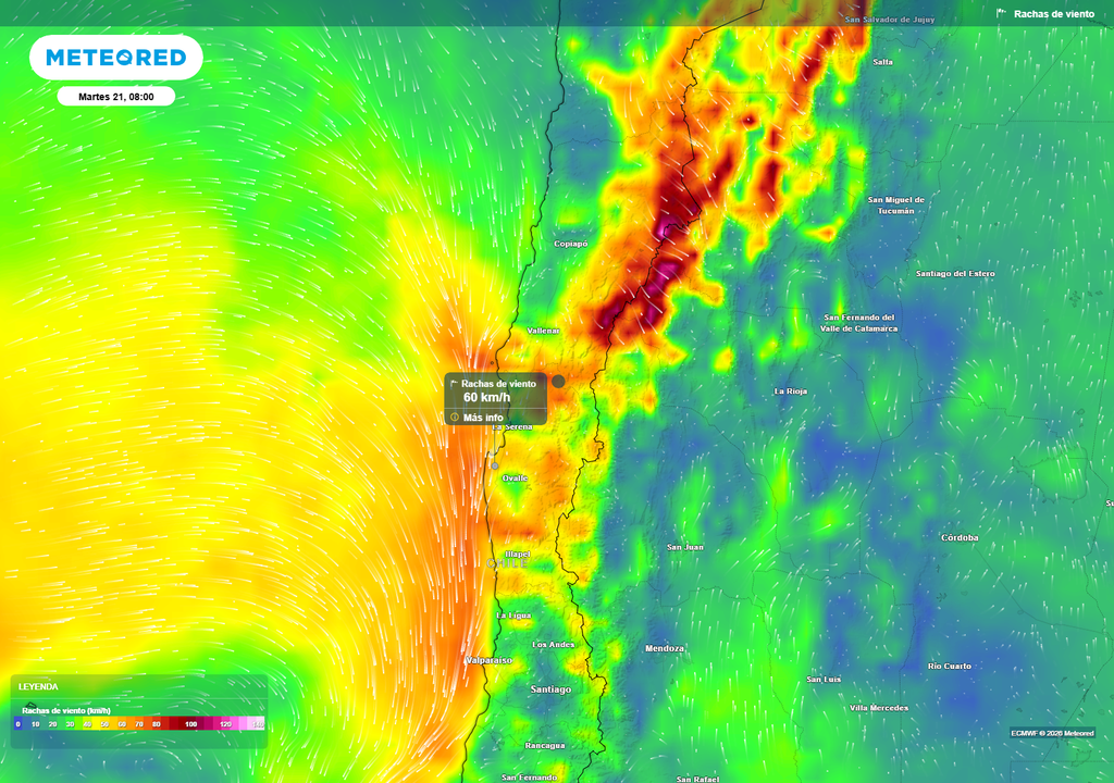 mapa de rachas de viento. El martes se espera una intensificación del viento, principalmente en la costa y cordillera.