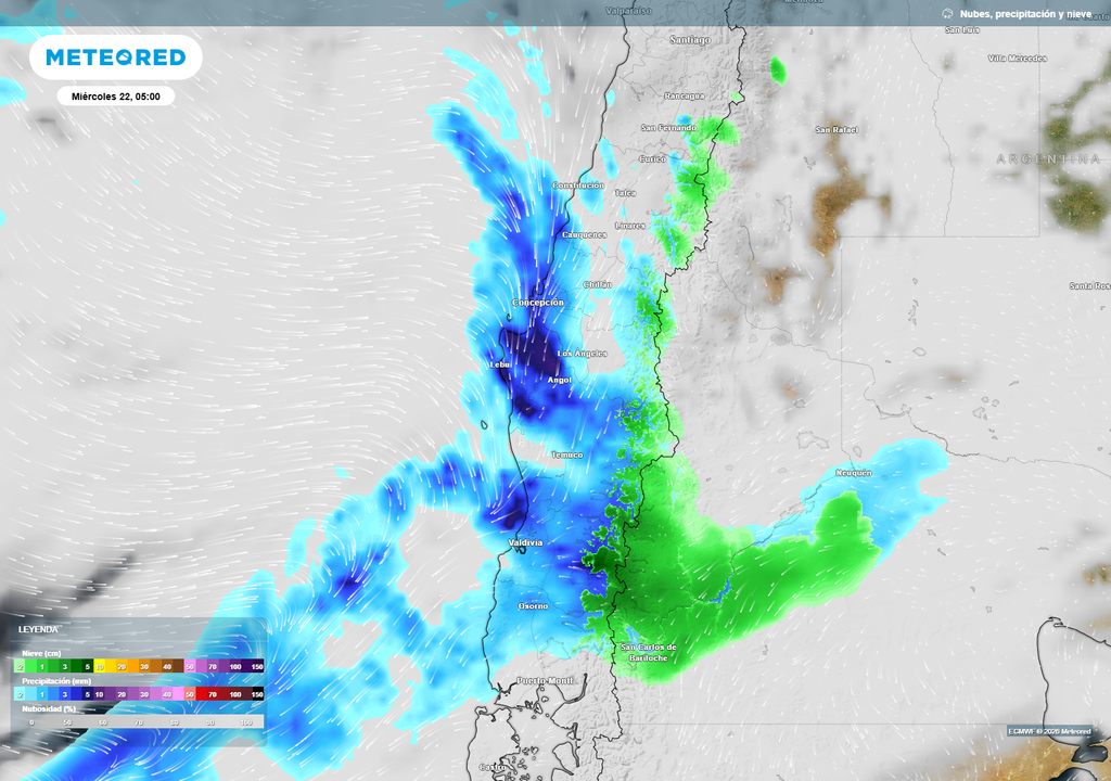 mapa de lluvia y nieve Se espera que el miércoles las precipitaciones continpuen en el centro-sur y sur.