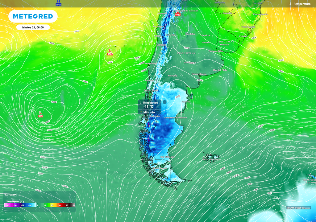 mapa de temperatura. Se esperan temperaturas gélidas en la Patagonia en este comienzo de semana.