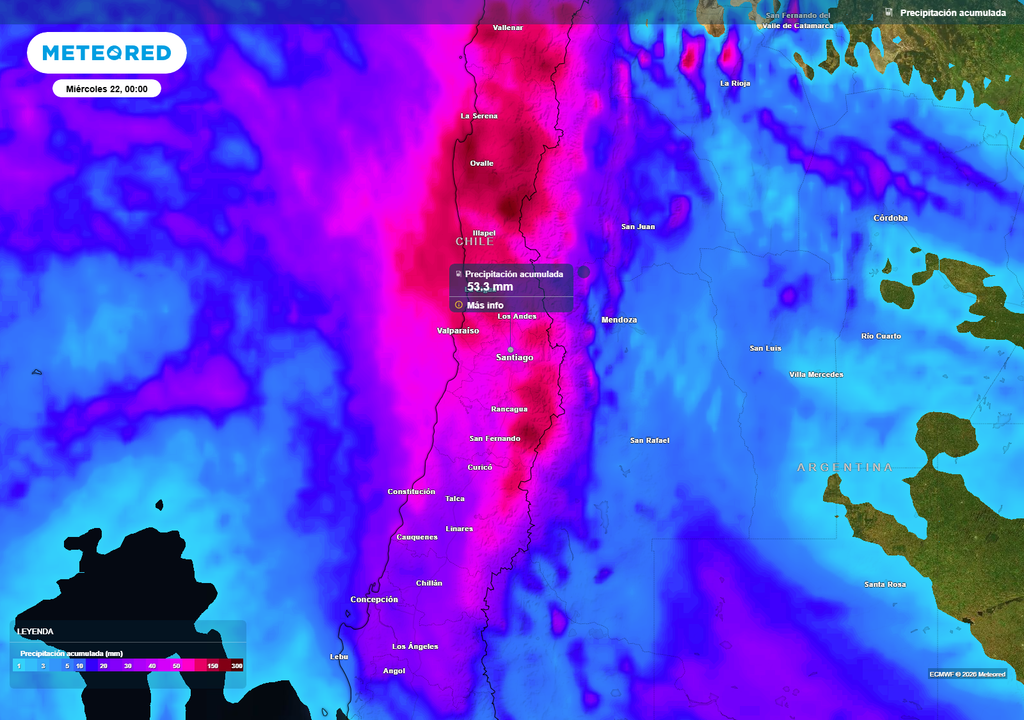 mapa lluvia acumulada. se esperan abundantes precipitaciones tras el ingreso de nuevas bandas frontales esta nueva semana.
