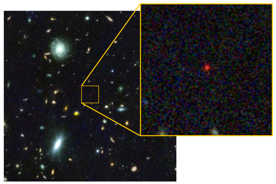 La vista de la galaxia muestra pequeños puntos rojos; la imagen insertada muestra un punto rojo borroso. En estas imágenes del Telescopio Espacial James Webb (JWST), la estrella del agujero negro destaca como un pequeño punto rojo. Estos pequeños puntos rojos son extremadamente comunes en las imágenes del JWST. Imagen: Cortesía de los investigadores