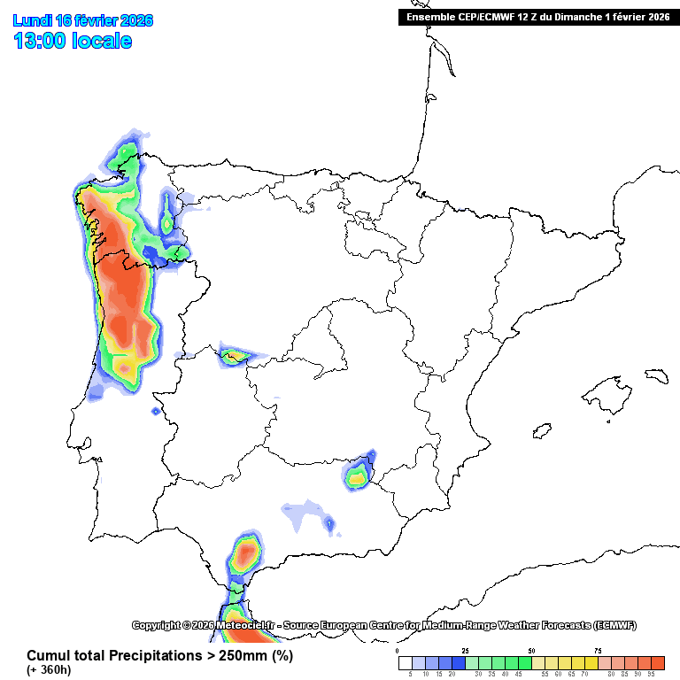 Evolución temporal de las probabilidades de acumulación de la precipitación por el modelo EPS-ECMWF, según escala de colores, hasta el día 16 de febrero 2026 12 UTC: arriba, para 100 l/m2 ,y abajo, para 250 l/m2, señalando las zonas potencialmente más afectadas. Meteociel.