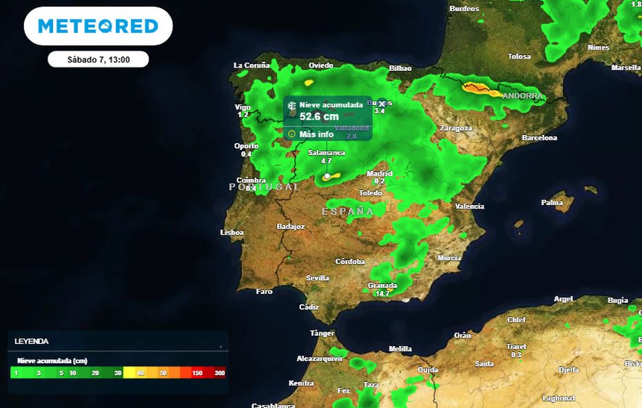 Acumulaciones de precipitación previstas hasta el 7 de febrero de 2026 12 UTC para Península y Baleares: arriba, total; abajo, en forma de nieve, y según escala de colores. Tiempo.com