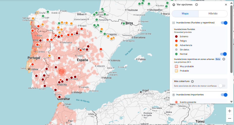 Mapa del peligro de inundaciones para la Península para los próximos días. Fuente: Google - Flood Ub