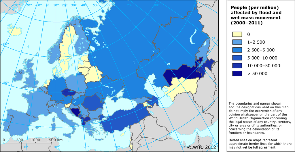 Número De Personas Afectadas Por Las Inundaciones Por Millón De Habitantes Figura con el número de personas afectadas por las inundaciones por millón de habitantes en la Región Europea de la OMS (total en el período 2000-2011).