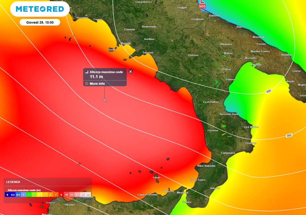 Mareggiata. Le onde massime attese nel corso della giornata di giovedì 29 gennaio 2026 sull'area del basso Tirreno a largo.