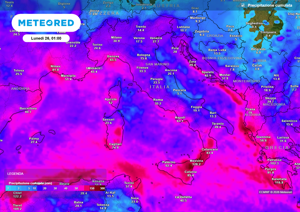 Precipitazione cumulata in Italia nel corso di questa settimana.