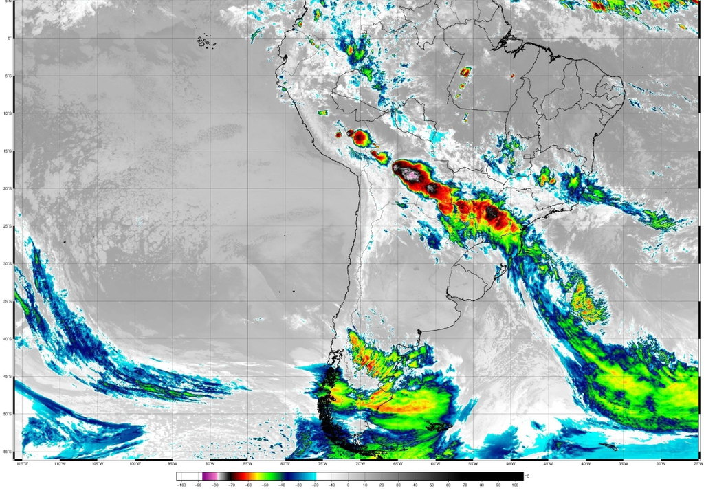 Imagem do satélite GOES-19 no mostrando a linha de tempestades da frente fria avançando sobre São Paulo. Créditos: CPTEC/INPE Imagem do satélite GOES-19 no mostrando a linha de tempestades da frente fria avançando sobre São Paulo. Créditos: CPTEC/INPE