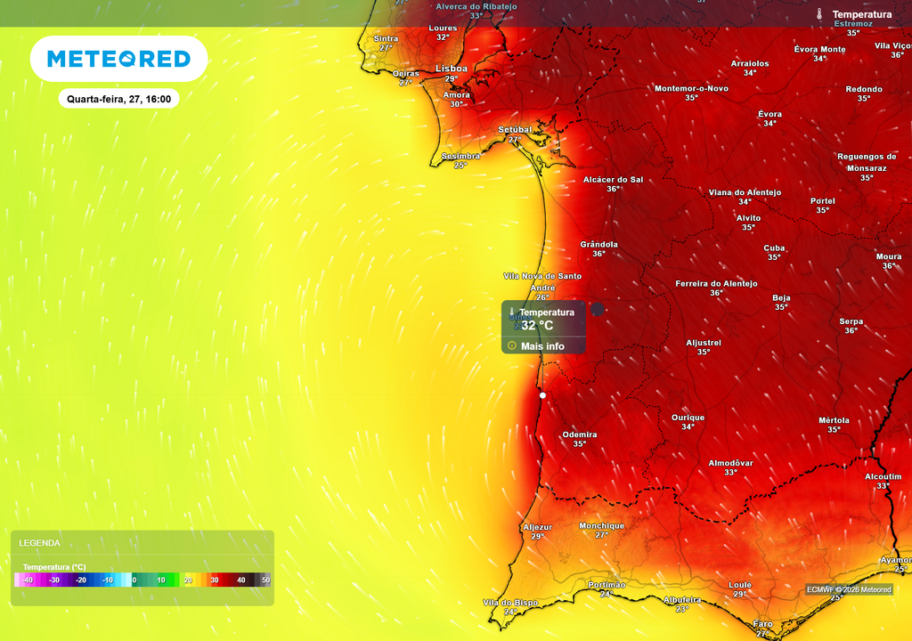 Apesar da instabilidade, o calor mantém-se extremo, com temperaturas até 38 ºC em várias regiões do Alentejo. Em algumas praias da costa Alentejana não haverá influência marítima.