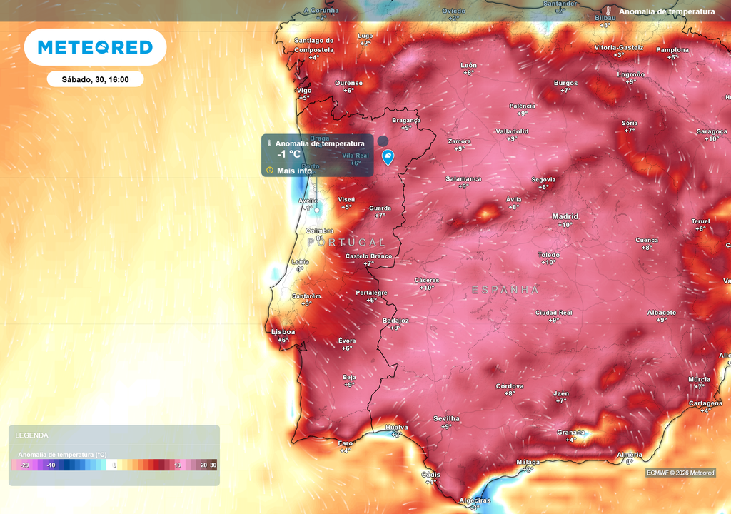 O mapa de anomalia térmica mostra temperaturas próximas do normal no litoral, mas calor muito acima da média no Sul e interior.