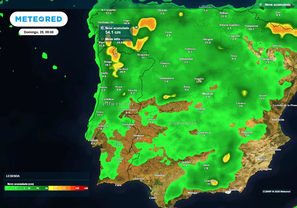 A neve acumulada poderá ultrapassar os 50 cm nas serras mais elevadas do Norte. É provável que boa parte da neve modelada pelos mapas sejam outros hidrometeoros, tais como granizo, chuva congelante ou água-neve.