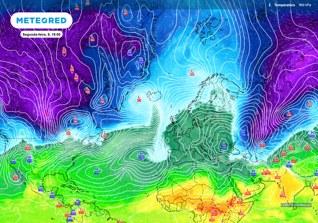 Circulação atmosférica a 850 hPa mostra uma massa de ar polar a aproximar-se da Península Ibérica. Esta intrusão de ar frio poderá isolar-se em altitude e favorecer a formação de uma depressão associada a ar frio.