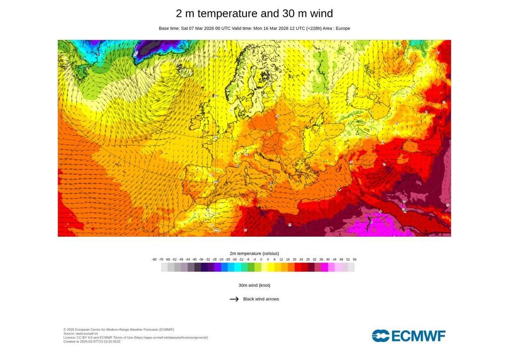 A meio de março as temperaturas poderão começar a subir gradualmente na Europa Ocidental. No entanto, se o jato polar continuar ondulado, novas intrusões de ar frio poderão ainda interferir com este aquecimento.