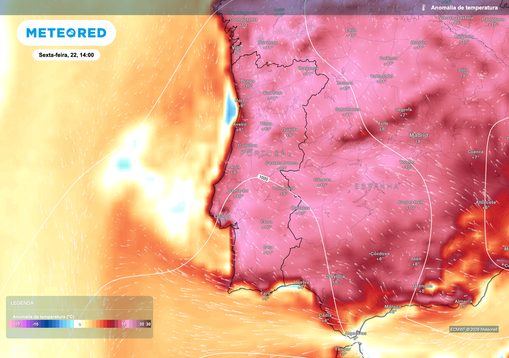 O mapa de anomalia térmica previsto pelo ECMWF para a tarde de sexta-feira, 22 de maio, mostra temperaturas até 11 ºC acima da média no interior Sul de Portugal. Beja surge entre as regiões com anomalias mais expressivas.