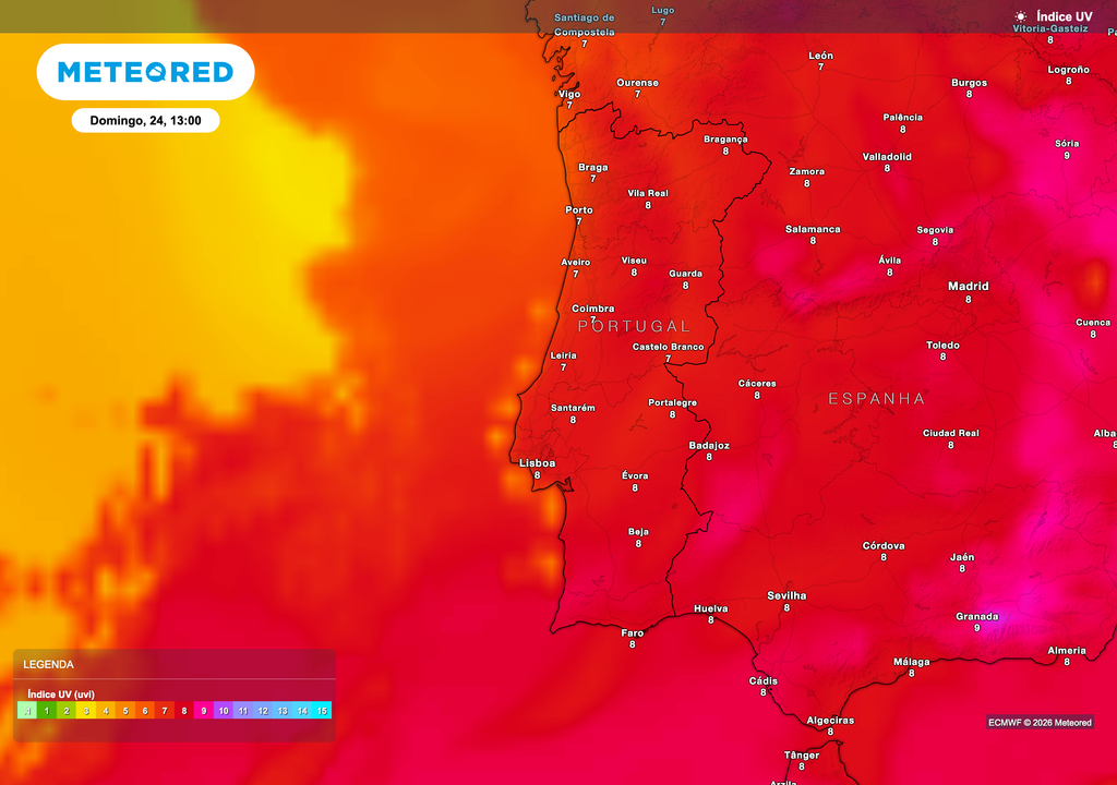 O mapa do índice UV previsto pelo ECMWF para domingo, 24 de maio, mostra valores muito elevados em grande parte do Sul de Portugal. Em Beja, o índice UV poderá atingir 8 durante as horas centrais do dia, um nível considerado muito alto e associado a maior risco de exposição solar prolongada.