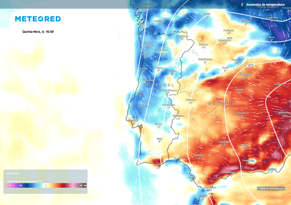 As temperaturas máximas na quinta-feira, 4 de junho, já sofrerão uma descida para valores inferiores à média climatológica de referência devido à chegada de ar frio pós-frontal mais intenso (massa de ar com origem polar marítima).