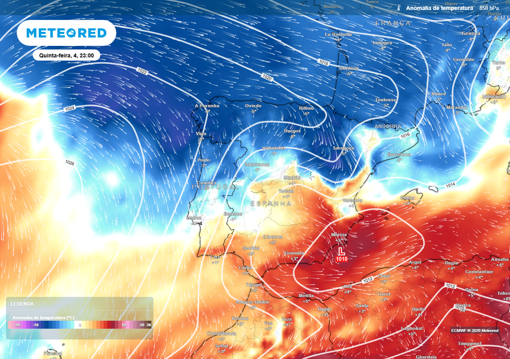 A 1500 metros de altitude observa-se perfeitamente a chegada e alastramento do ar polar marítimo por grande parte da Península Ibérica de quinta para sexta-feira, dias 4 e 5 de junho, o que gerará uma descida generalizada e significativa das temperaturas.
