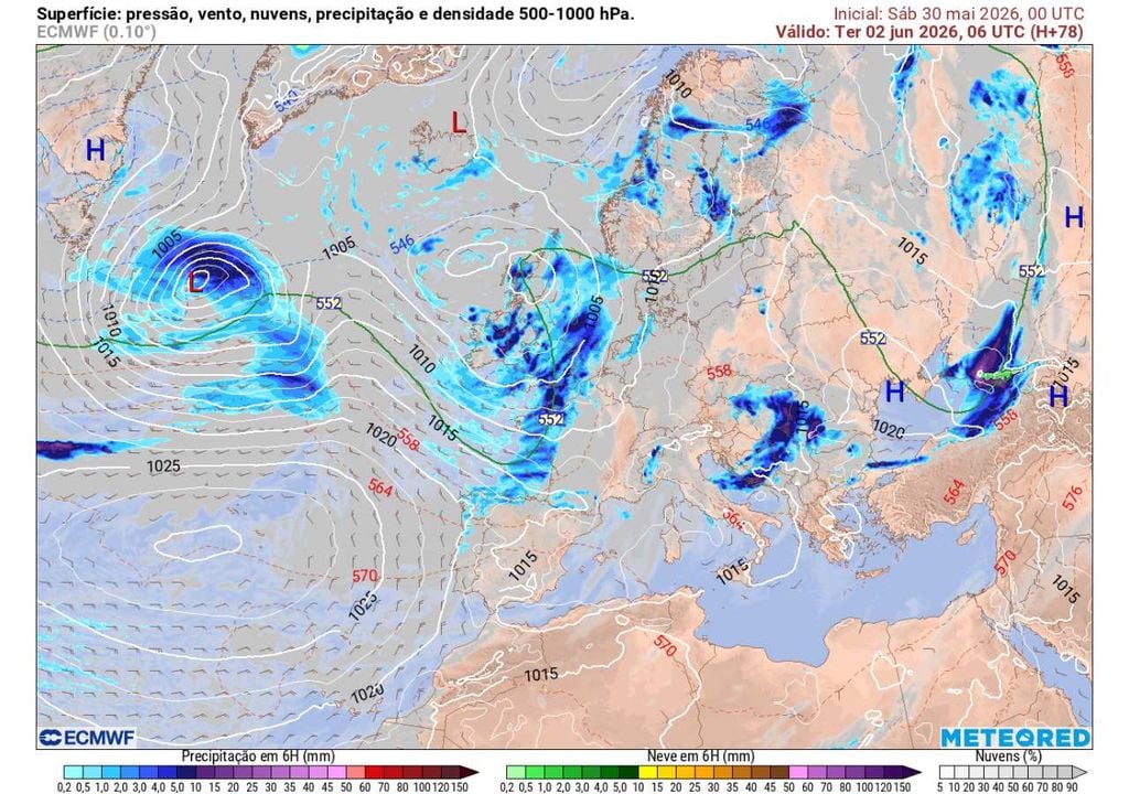 Este mapa atmosferico do modelo europeu, para dia 2 de junho, prevê o aumento da nebulosidade e alguma precipitação fraca no Norte e Centro, sinalizando o início da mudança de padrão atmosférico. O modelo GFS não prevê precipitação para dia 2 de junho.