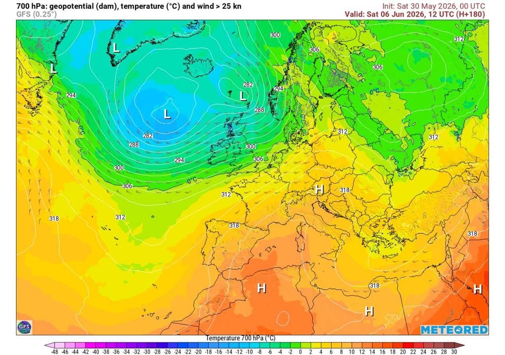 Embora preveja uma descida de ar frio para latitudes mais baixas, o GFS ( modelo norte-Americano) mantém a instabilidade mais afastada do território português.