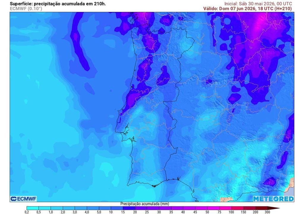 Este mapa representa a precipitação acumulada prevista pelo ECMWF desde o dia de hoje, até 7 de junho. O modelo europeu favorece a ocorrência de chuva em várias regiões de Portugal durante o primeiro fim de semana de junho.O GFS apresenta um cenário substancialmente mais seco.