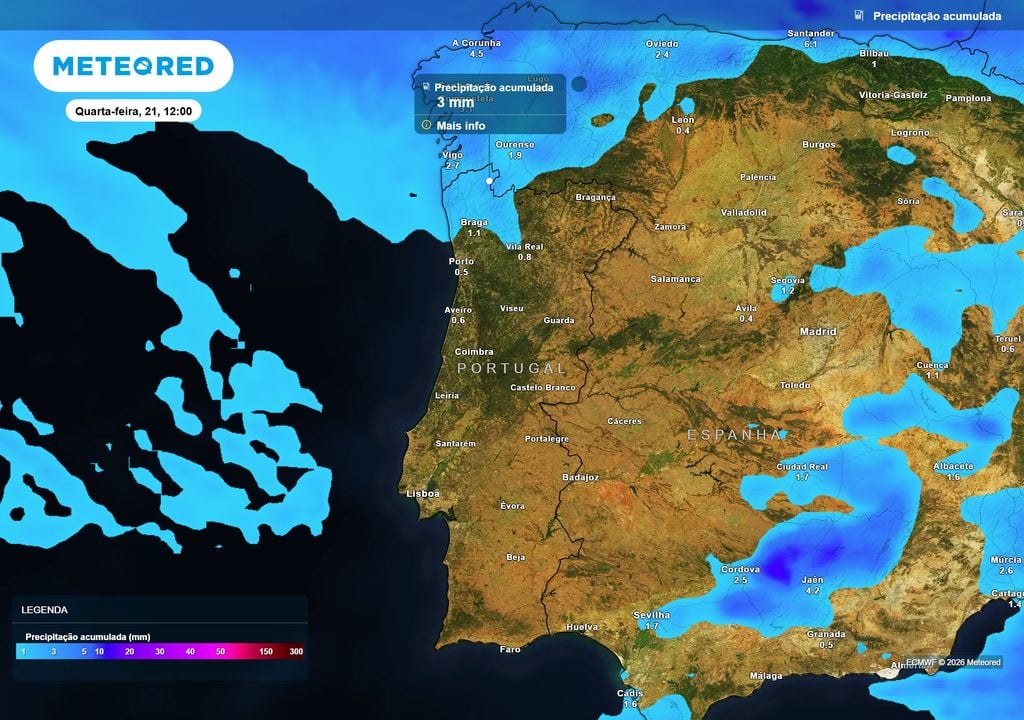 A primeira frente deverá deixar muito pouca chuva: os acumulados deverão ficar, em geral, abaixo dos 3 mm nas zonas mais afetadas do extremo Norte e Noroeste.