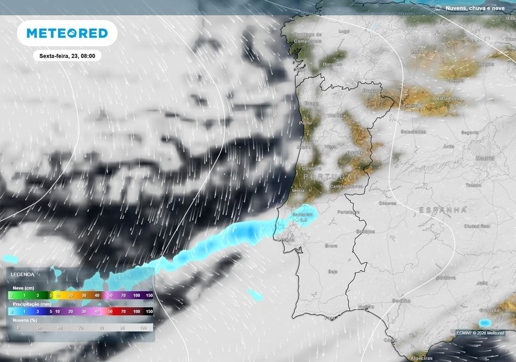Durante a madrugada e manhã de sexta-feira, a frente deverá avançar de noroeste para sudeste, já mais enfraquecida, podendo ainda deixar alguma chuva residual junto à região de Lisboa.