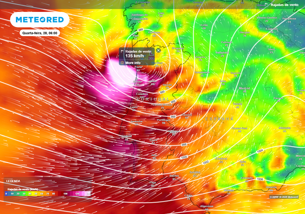 Está a caminho de Portugal continental um vendaval na madrugada de quarta-feira, 28 de janeiro. Nas zonas potencialmente mais afetadas do Norte e Centro produzirá rajadas a rondar os 140 km/h.