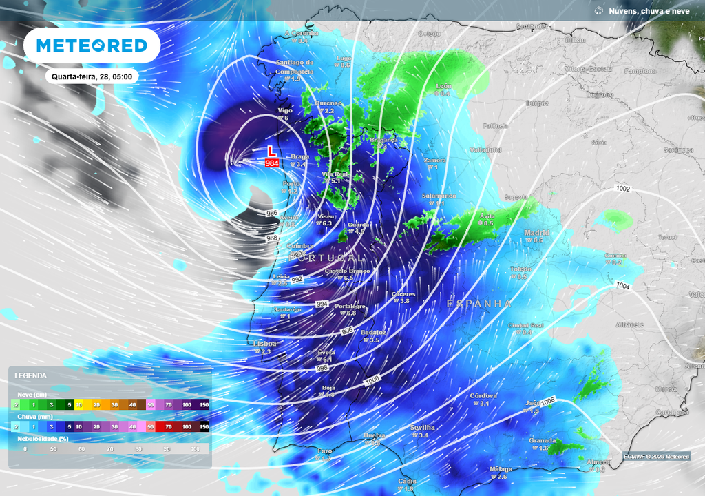 Um pequeno, mas poderoso centro de baixas pressões (ainda sem nome), irá formar-se nas próximas horas, sofrendo um desenvolvimento explosivo a oeste do Porto. A madrugada de quarta-feira, 28 de janeiro, será o período mais crítico deste grande temporal de chuva, vento, neve e agitação marítima.