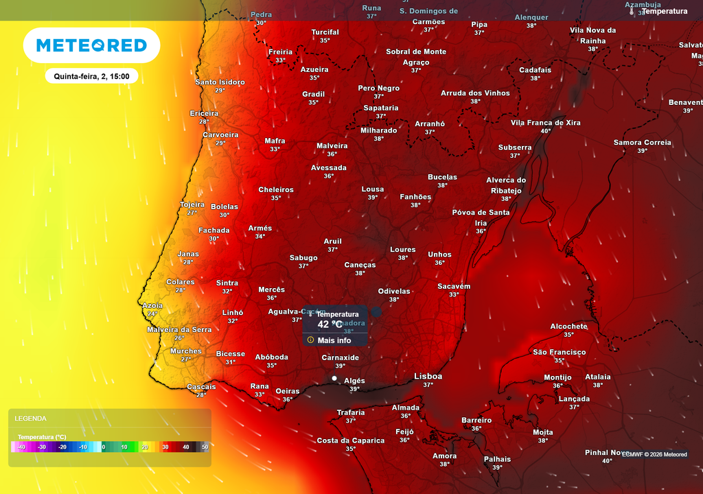 Temperatura Lisboa e a sua área metropolitana poderão registar temperaturas próximas dos 40 ºC, com valores ainda mais elevados nas zonas afastadas da influência marítima.