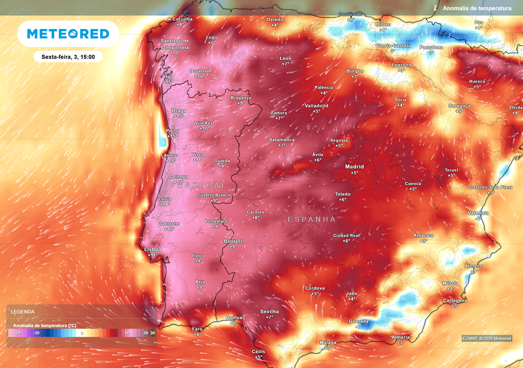 Anomalia da temperatura Portugal surge com anomalias térmicas muito elevadas, especialmente no litoral ocidental, onde a nortada costuma moderar o calor nesta época do ano.