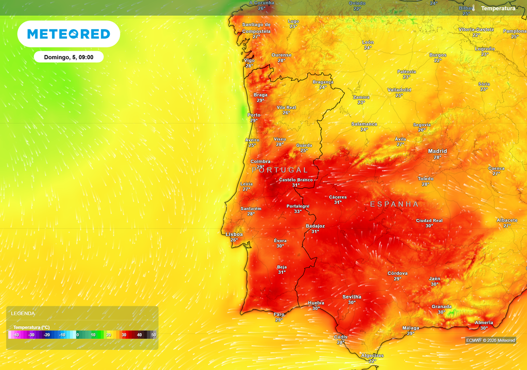 O calor fará sentir-se logo desde manhã, no domingo, várias regiões poderão aproximar-se ou ultrapassar os 30 ºC ainda antes do final da manhã.