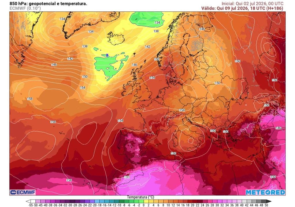 Geopotencial e temperatura a 850 hPa O modelo europeu indica que a massa de ar muito quente poderá persistir sobre a Península Ibérica até 9 ou 10 de julho, mantendo Portugal sob risco de calor prolongado.