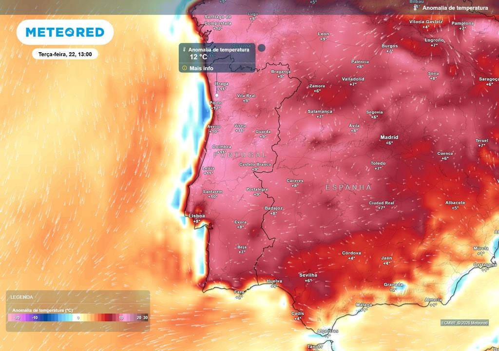 anomalia térmica Os valores de anomalia térmica positiva (acima da média) deverão manter-se bastante elevados para a época. Na terça-feira, esta anomalia poderá alcançar os 12 ºC acima do expectável.