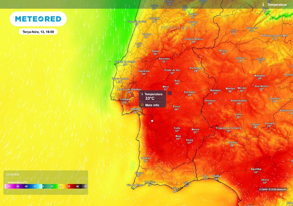 O calor intensifica-se na terça-feira: grande parte do Alentejo poderá alcançar ou superar os 30 ºC, com o ECMWF a apontar para até 33 ºC na região de Alcácer do Sal.
