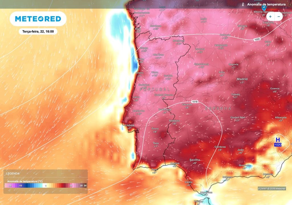 As temperaturas deverão permanecer muito acima do habitual na terça-feira, com anomalias que poderão atingir +12 ºC em Braga e Viseu e superar +10 ºC noutras áreas do Norte e Centro.