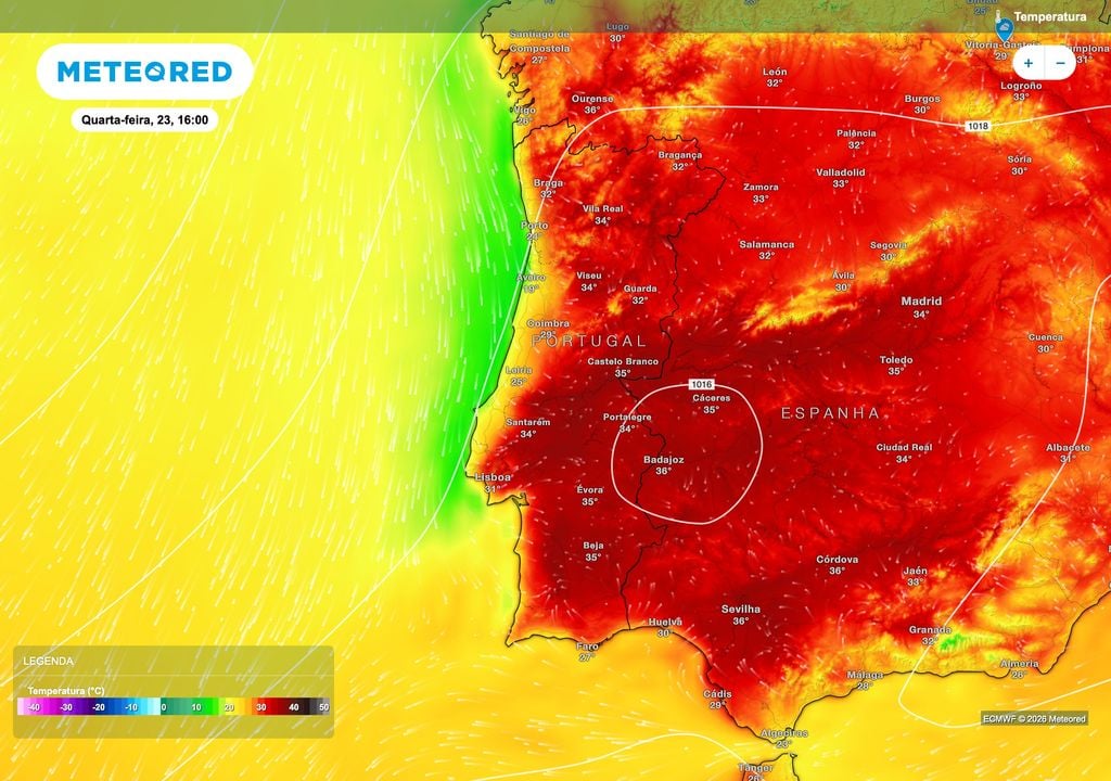 A influência marítima deverá favorecer uma descida acentuada das temperaturas no litoral Norte e Centro, com apenas 19 ºC em Aveiro e 24 ºC no Porto, enquanto no interior as máximas poderão continuar próximas dos 35 ºC.